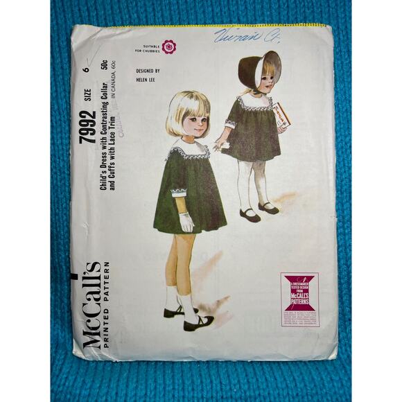 McCalls 7992 Sewing pattern girls dress A line lace collar cuffs 1960s Size 6 - Picture 1 of 7